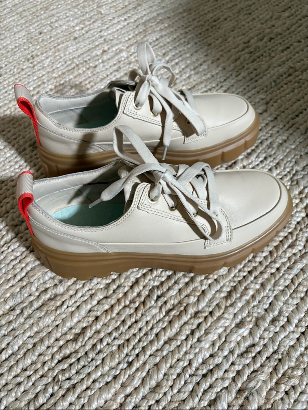 Sorel Cream Platform Sneakers with Tan Soles and Red Heel Tab